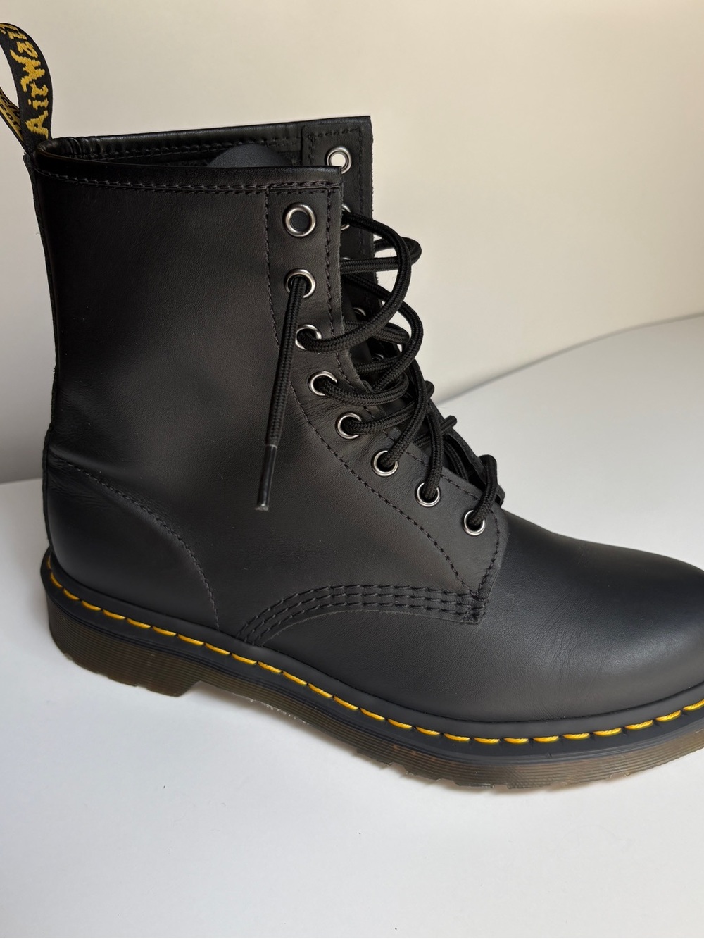 Dr. Martens Black Lace-Up Combat Boots with Yellow Stitching